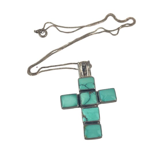 EXEX 925 Sterling Silver Claudia Agudelo Turquoise Cross Pendant Necklace Inlaid - Picture 6 of 9